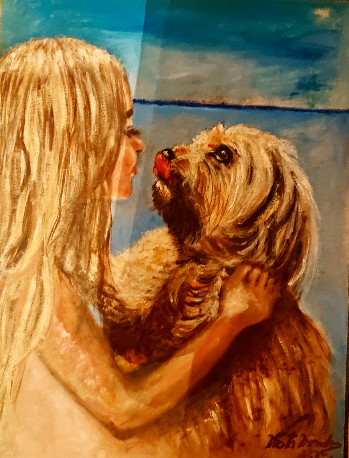 Óleo de una niña rubia frente a frente con su perro, con el mar de fondo