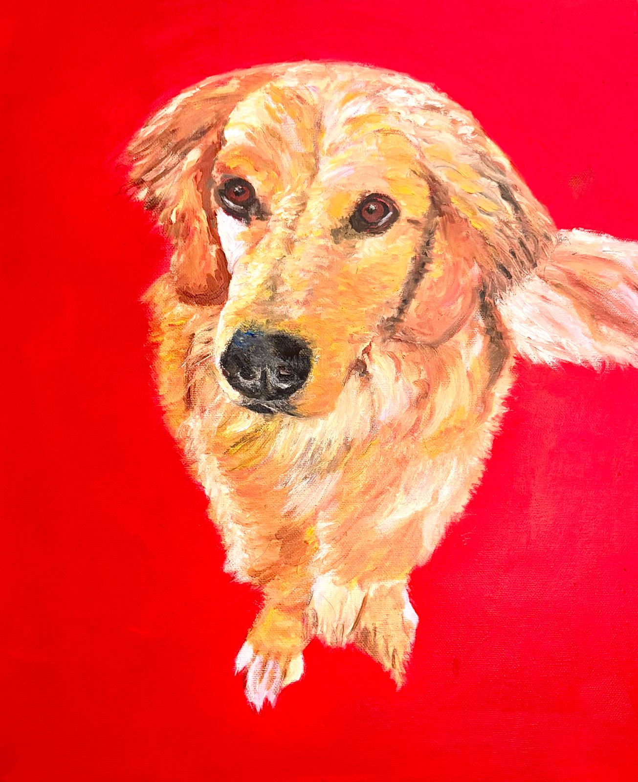 Retrato al óleo de un perro golden retriever sobre un fondo rojo intenso